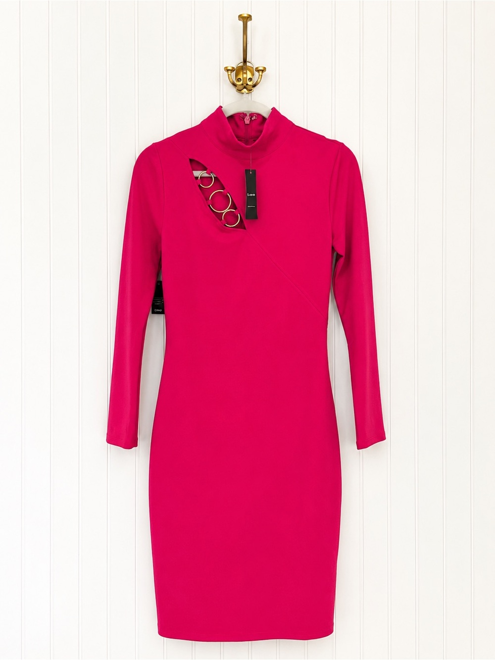 Bebe Vivian Mock Neck Ring Detail Midi Dress Pink Peacock M NWT